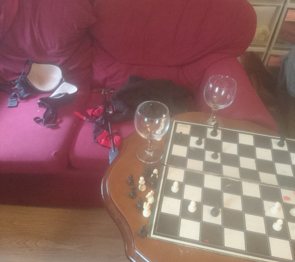 Chessboard, wine glasses, paddle, underwear